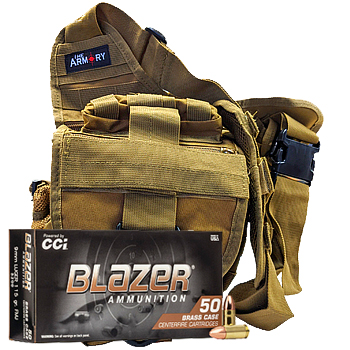 9mm Luger 115gr FMJ CCI Blazer Brass Ammo - 500rds in The Armory Tan Shoulder Bag - Image 2